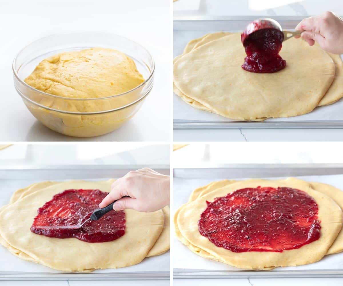 Steps for Making Layers of Dough and Cranberry Orange Filling for Star Bread. Dessert, Baking, Holiday Baking, Star Bread, Christmas Dessert, Christmas Bread, Thanksgiving Bread, Thanksgiving Bread, New Years Eve Dessert, Holiday Recipes, Entertaining Recipes, i am baker, iambaker