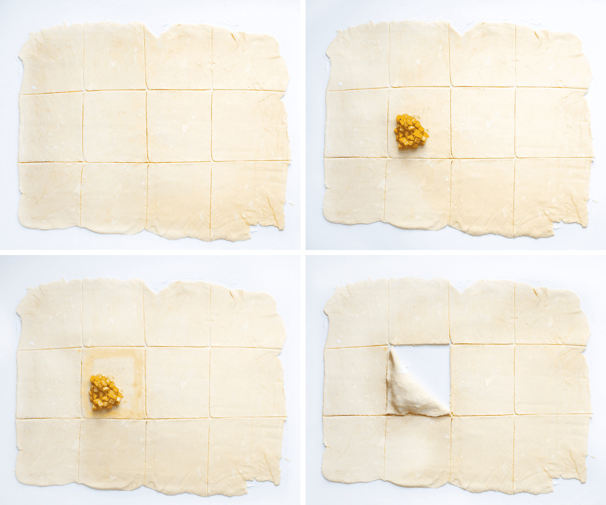 Steps for Making Apple Turnovers out of Dough Cut Into Squares.