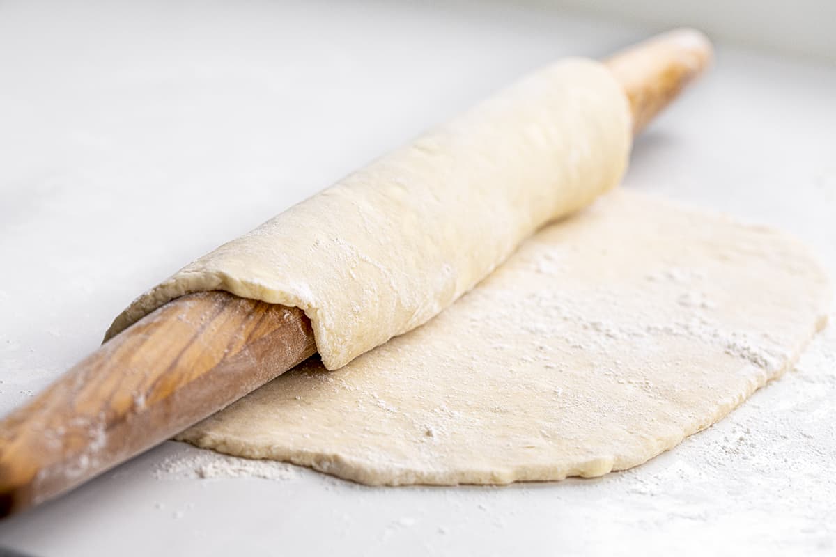 Rolling All Butter Pie Dough on a Rolling Pin.
