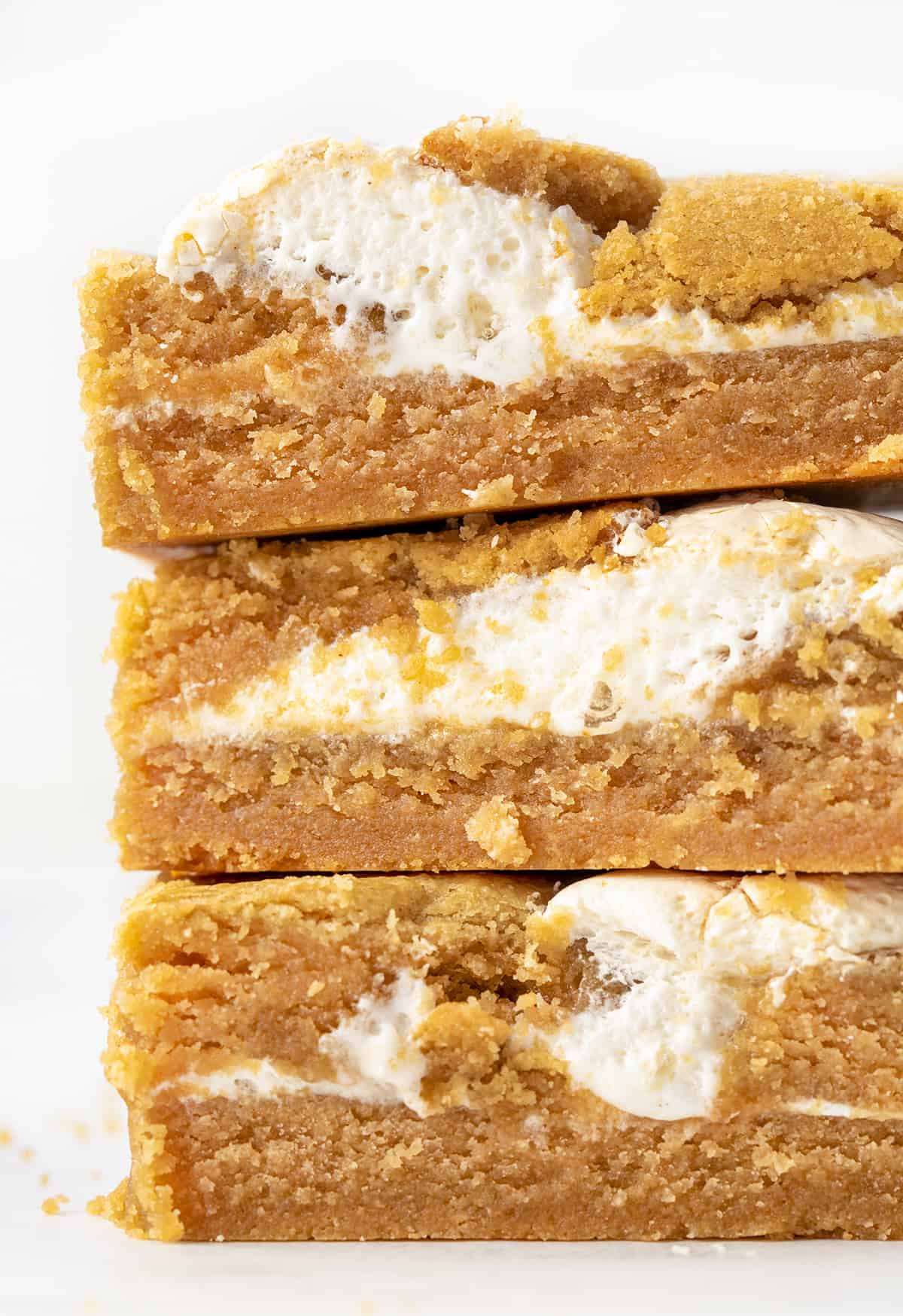 Stack of 3 Fluffernutter Bars on a Counter Showing Inside Texture.