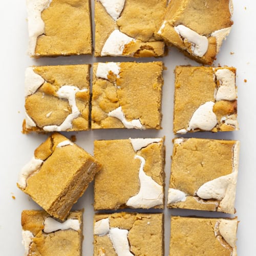 Fluffernutter Bars from Overhead Showing the Marshmallow that Spilled Up Over the Peanut Butter Bar.