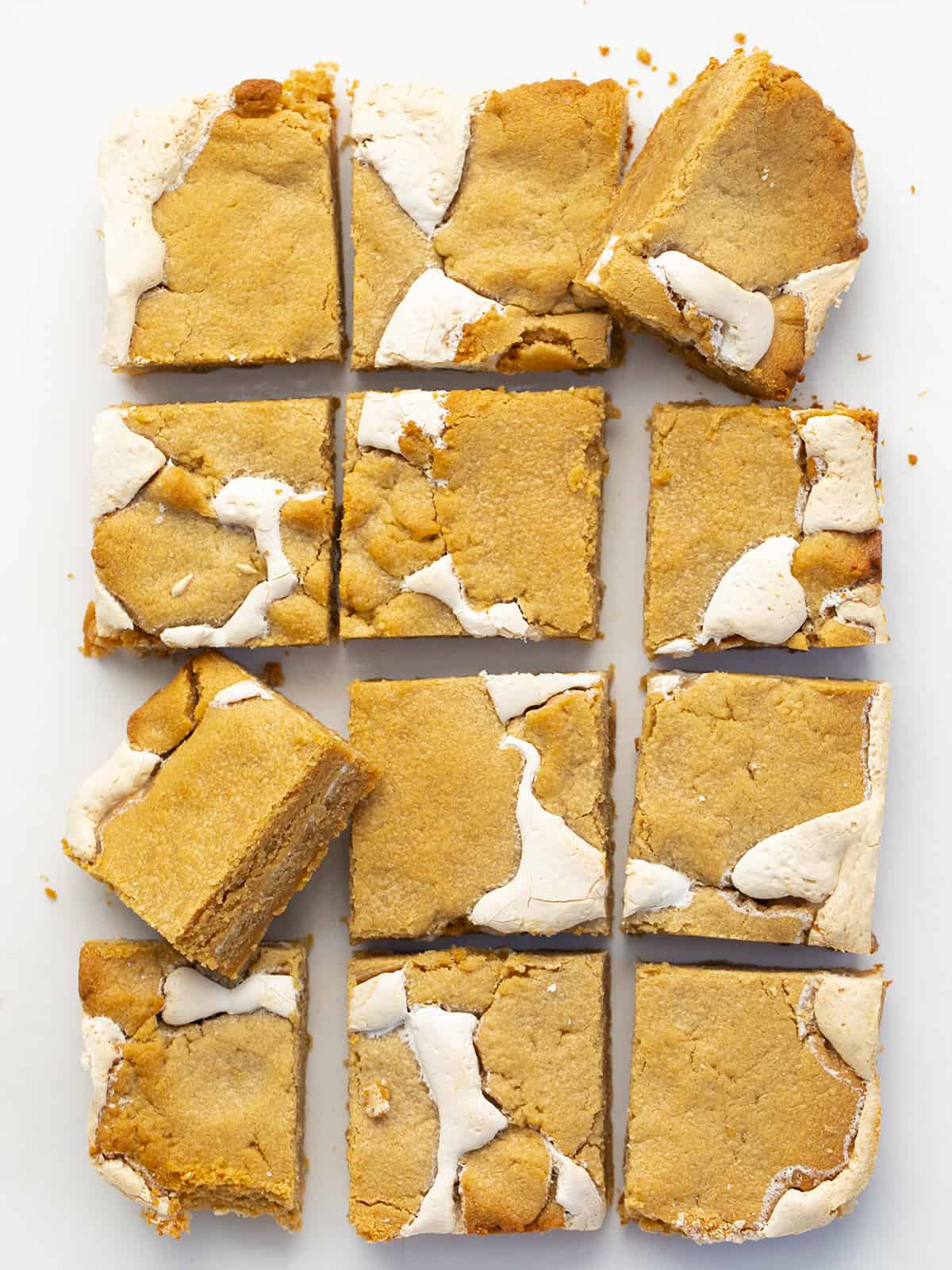 Fluffernutter Bars from Overhead Showing the Marshmallow that Spilled Up Over the Peanut Butter Bar.