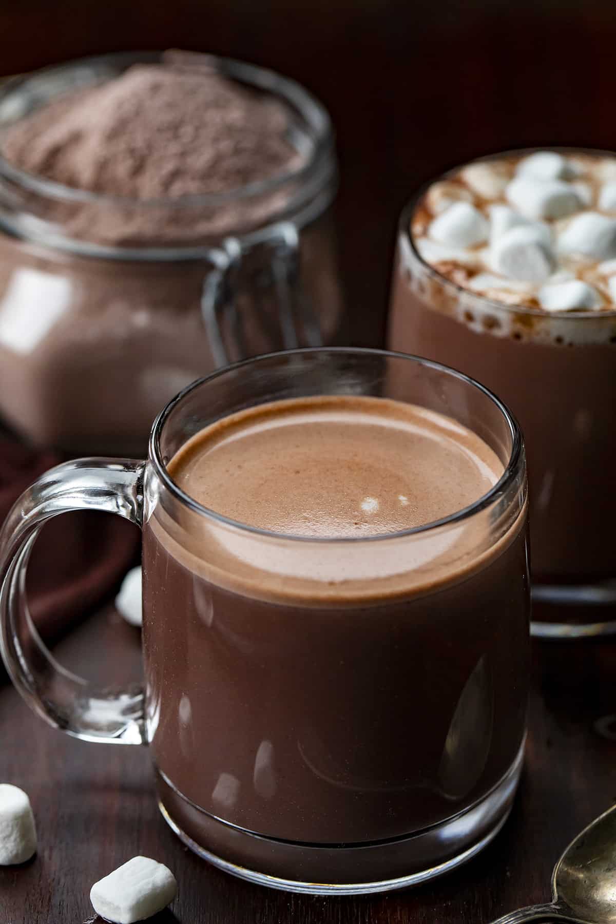 The hot chocolate comes in a large carafe with a side of fresh