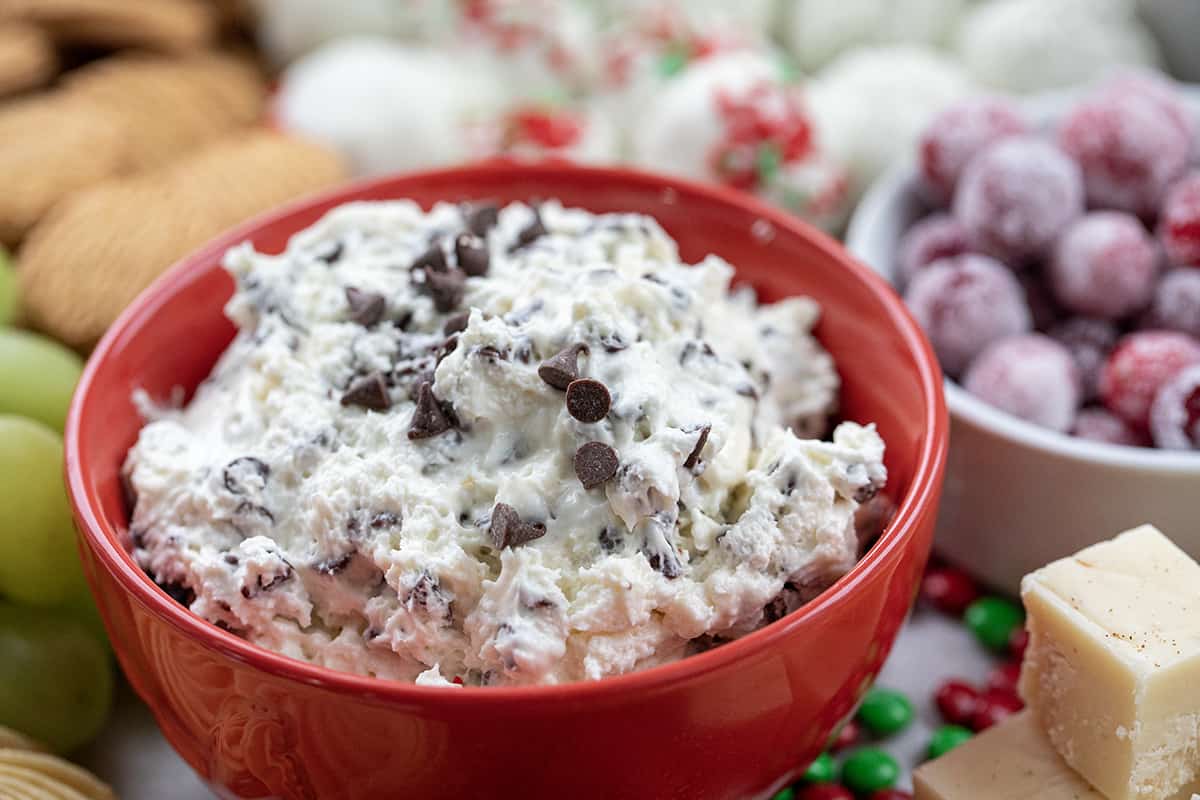 Bowl of Booty Dip on a Christmas Dessert Charcuterie Board.