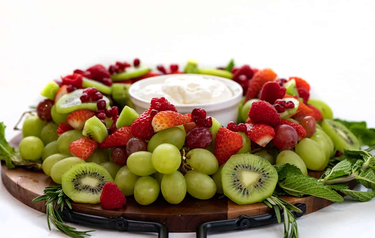 Side View of a Holiday Wreath Fruit Tray.