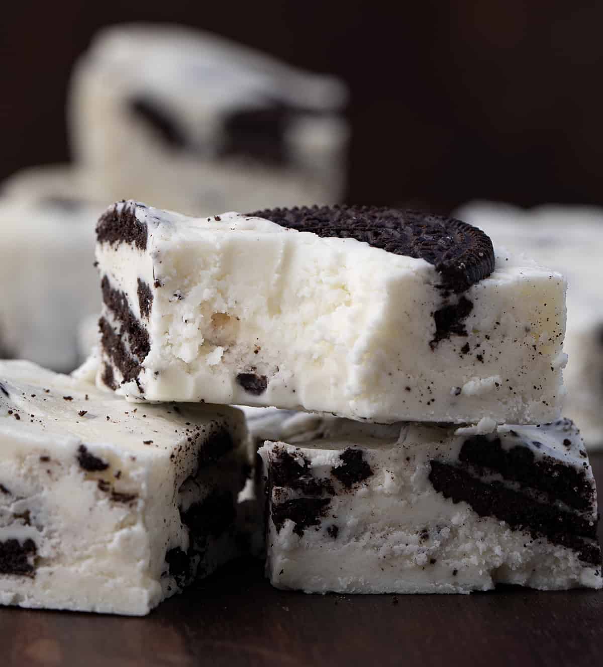 Bit into Piece of Cookies and Cream Fudge Stacked up.