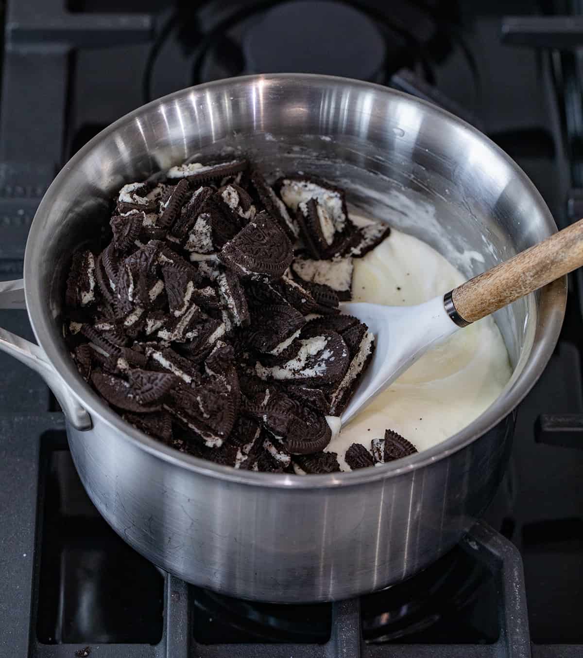 Ingredients for Making Cookies and Cream Fudge in a Pan Before Stirring.