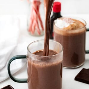 Pouring Peppermint Hot Chocolate into a Glass.