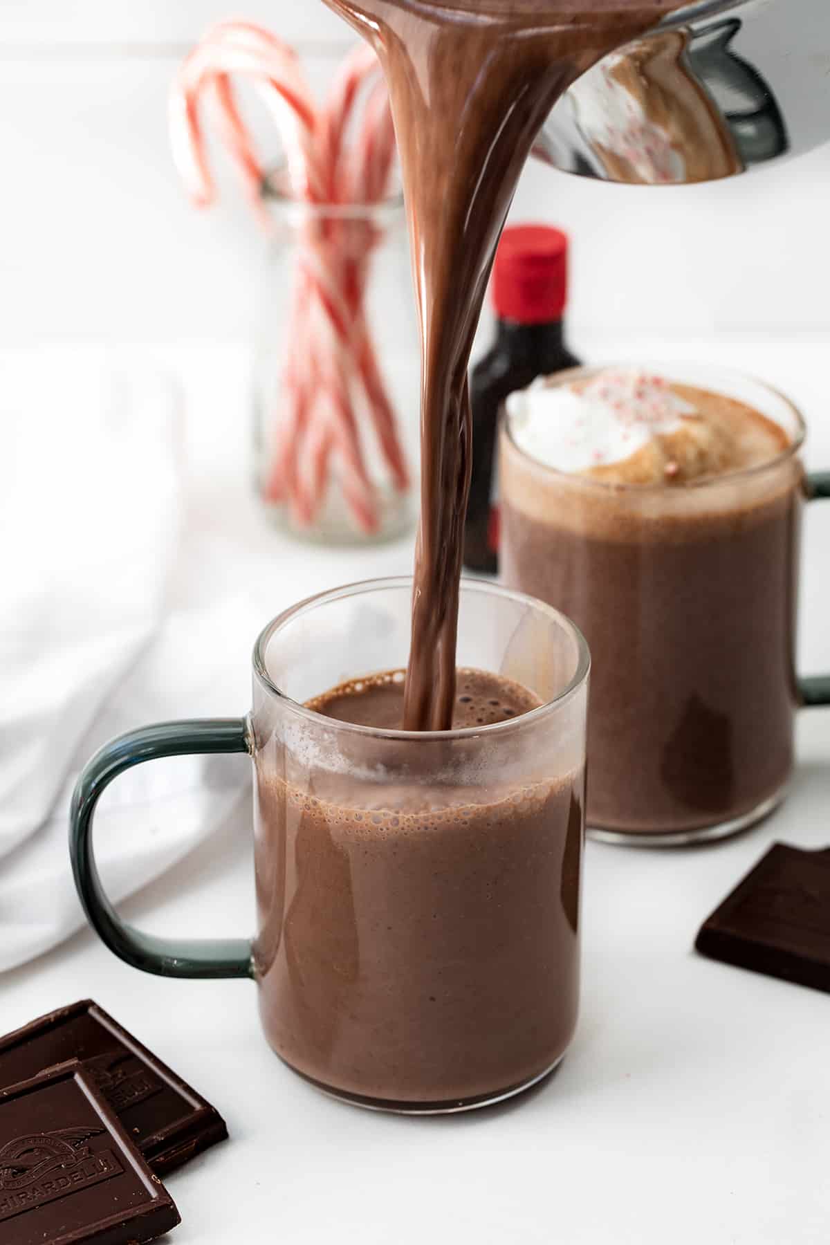 Pouring Peppermint Hot Chocolate into a Glass.