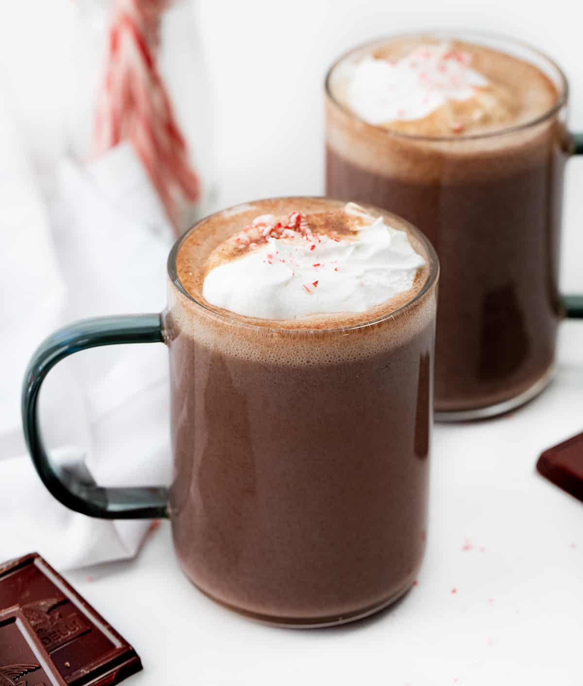 Glasses of Peppermint Hot Chocolate on a Counter.