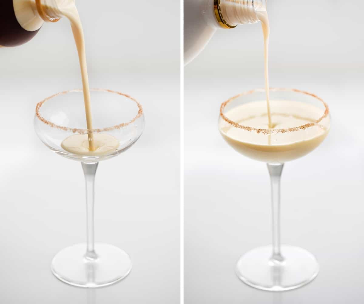 Pouring Eggnog and then Pouring RumChata into a Glass.