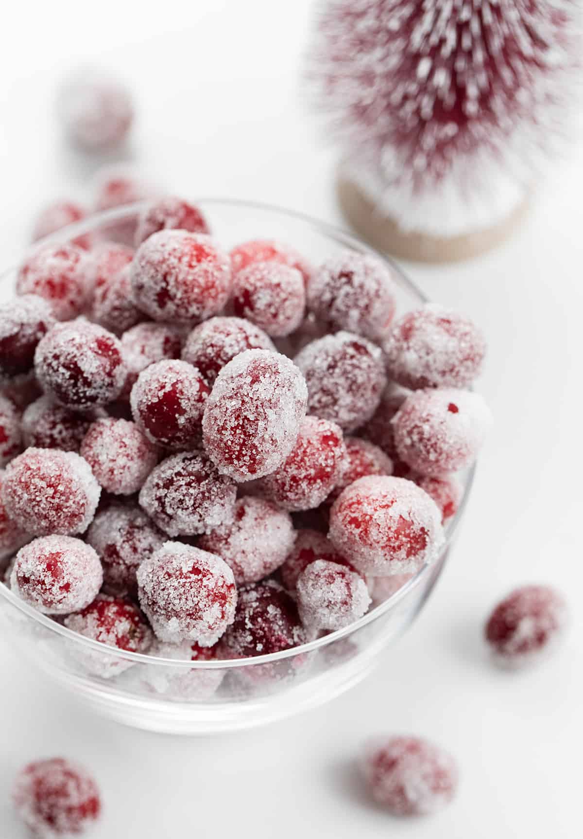 Close up of Sugared Cranberries in a Bowl on a White Counter.