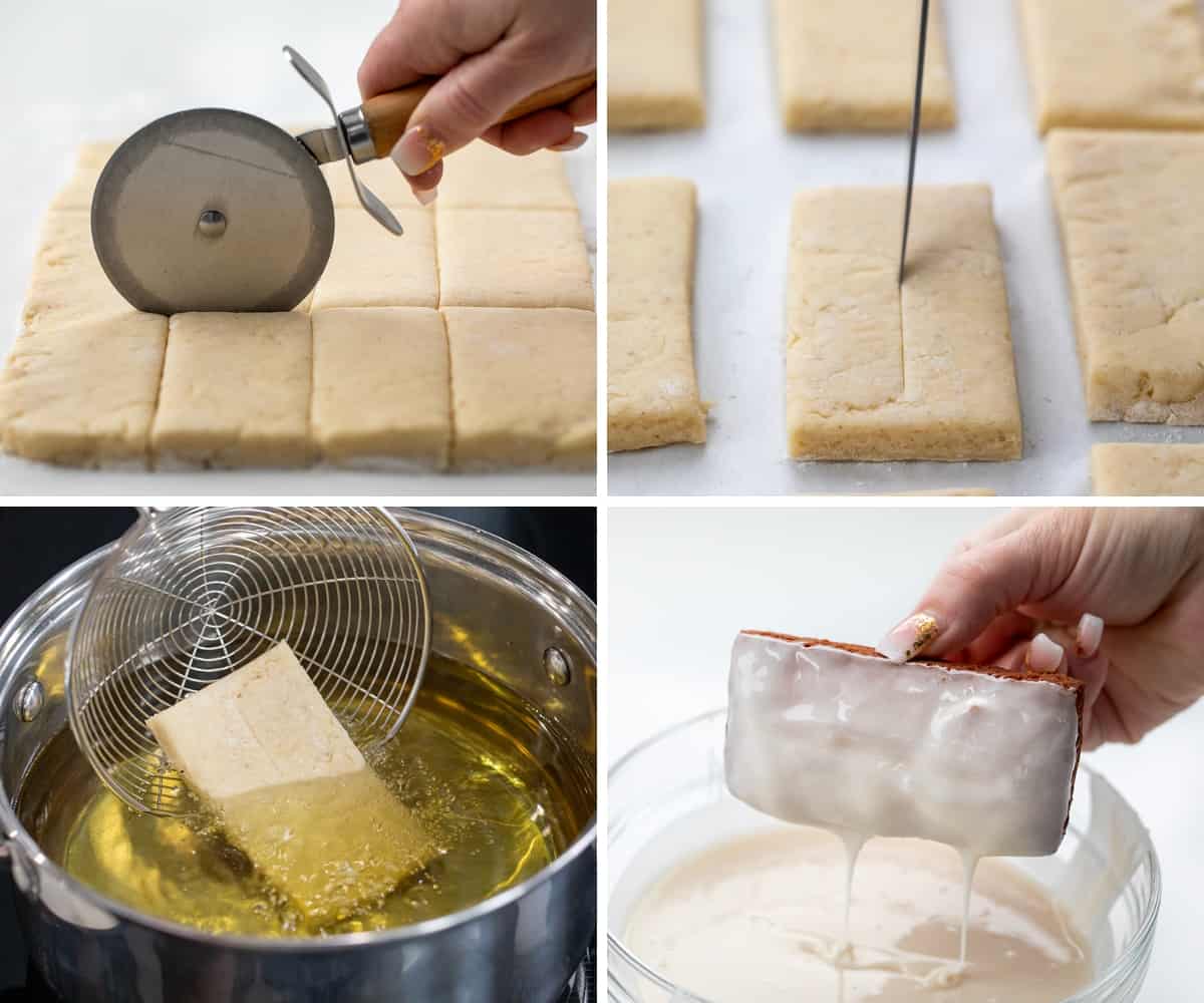 Steps for Making Old Fashioned Glazed Donut Sticks with Cutting, Scoring, Frying, and Glazing.