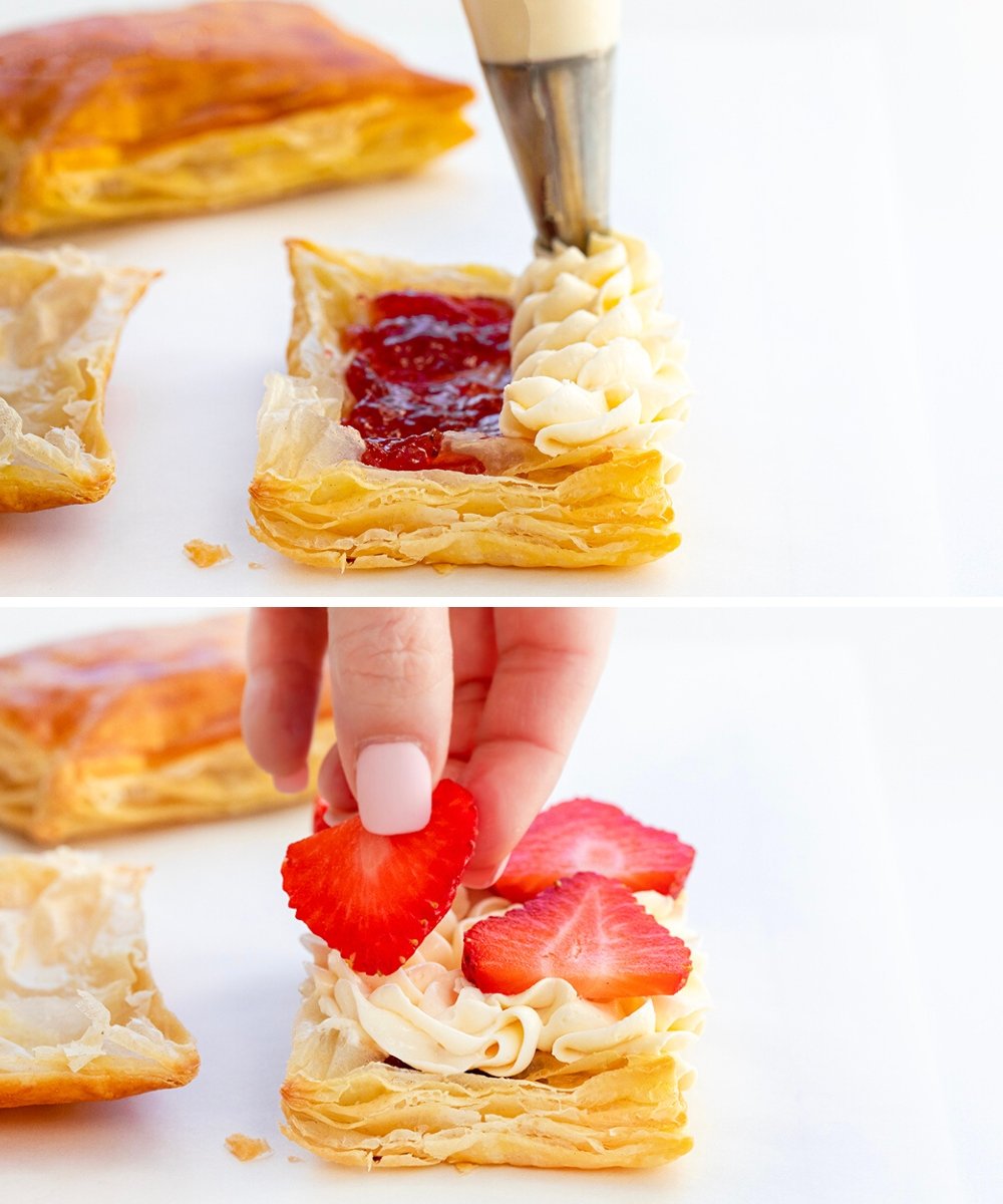 Adding Cream to Strawberry Napoleon and then adding fresh Strawberries.