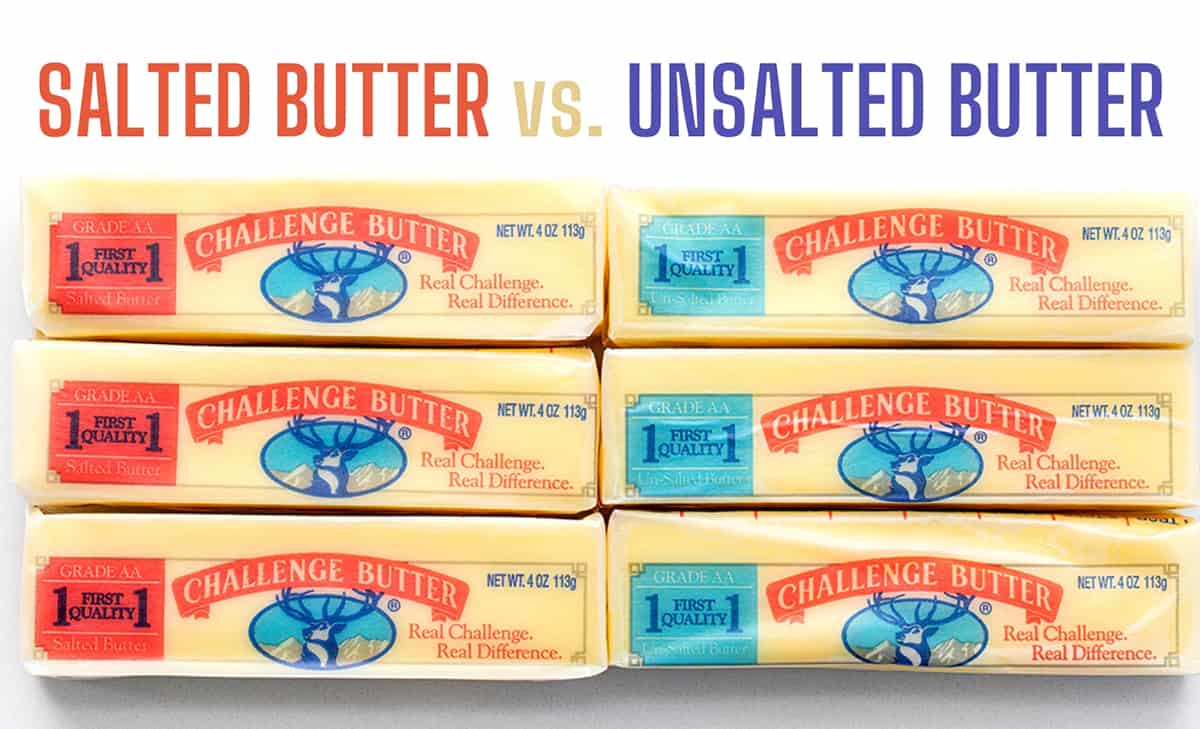 Image of 6 Sticks of Butter when 3 of Them are Unsalted and 3 are Salted.