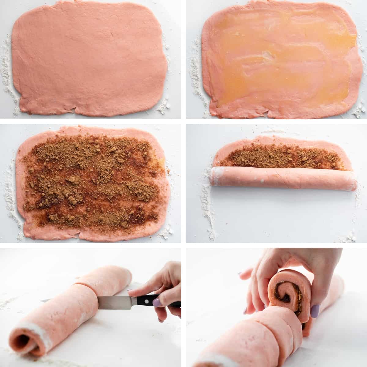 Steps for making pink cinnamon rolls with melted butter, cinnamon filling, rolling, and cutting rolls.