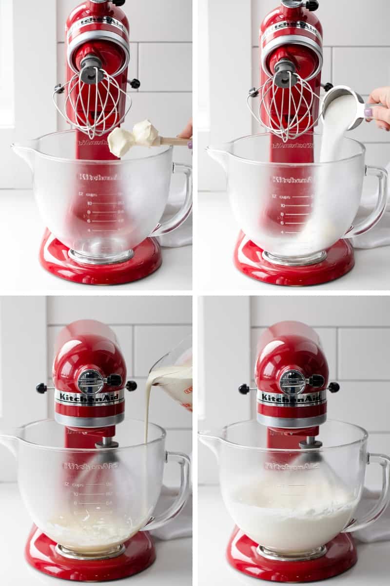 Steps for showing how to Make Stabilized Whipped Cream with Chilled Bowl on Mixer.