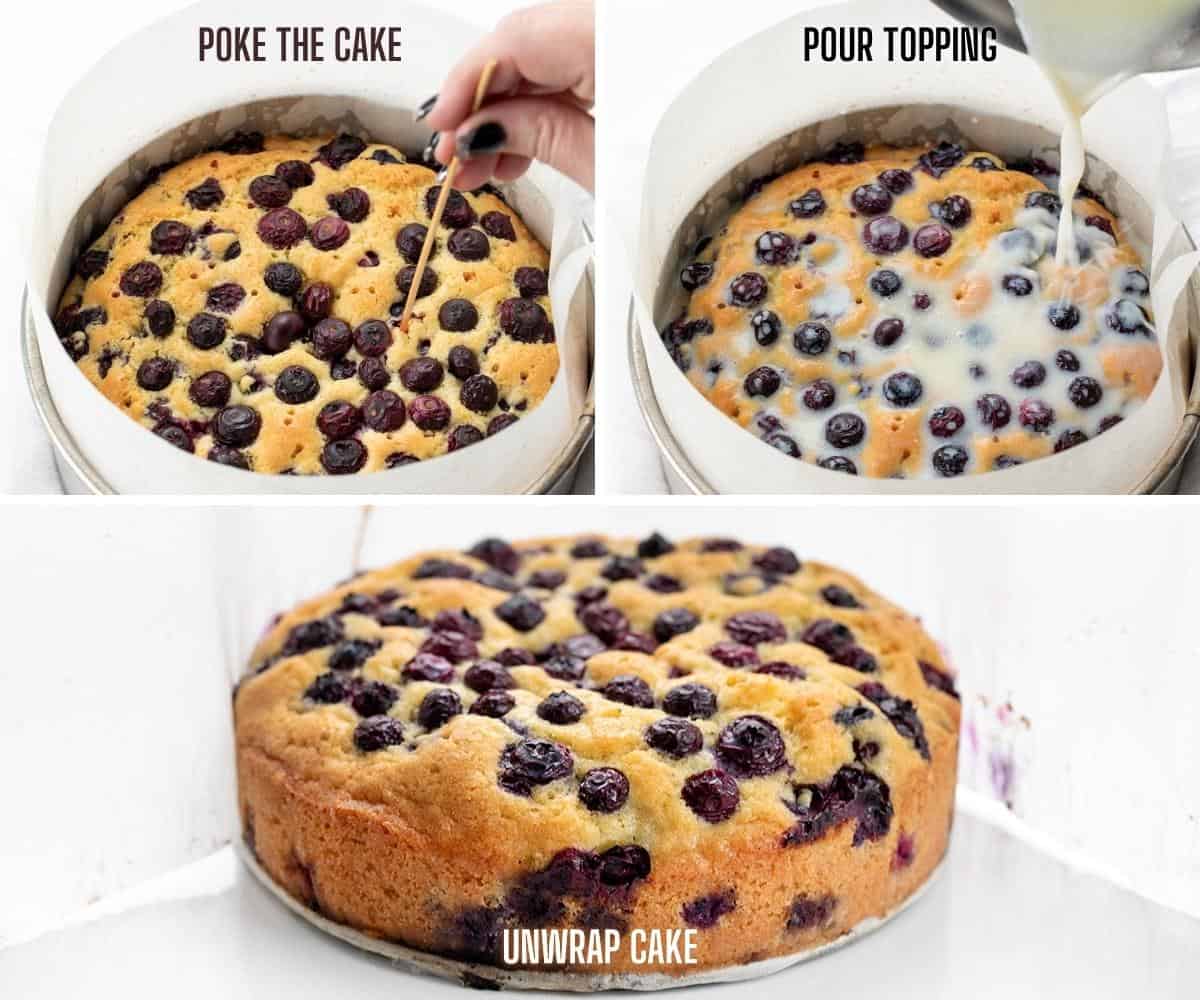 Poking Holes, Pouring Topping, and Unwrapping a Blueberry Breakfast Cake.
