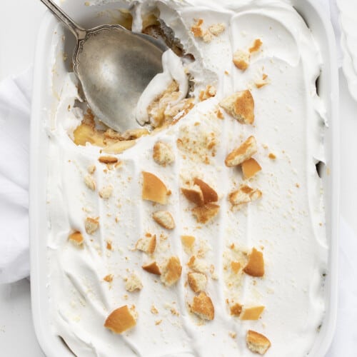 Pan of Easy Banana Pudding From Overhead on White Counter.