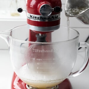 Adding Hot Syrup to Mixer to Make Homemade Gourmet Blueberry Marshmallows.