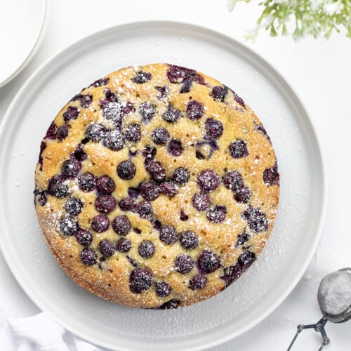 Whole Blueberry Breakfast Cake on a White Counter with Flowers.