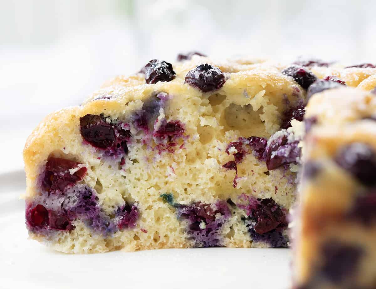 Close up of the inside of a Blueberry Breakfast Cake.