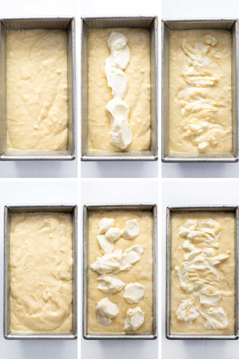 Steps for Adding Cream Cheese and Swirling Cream Cheese in Lemon Cake Batter in a Loaf Pan.