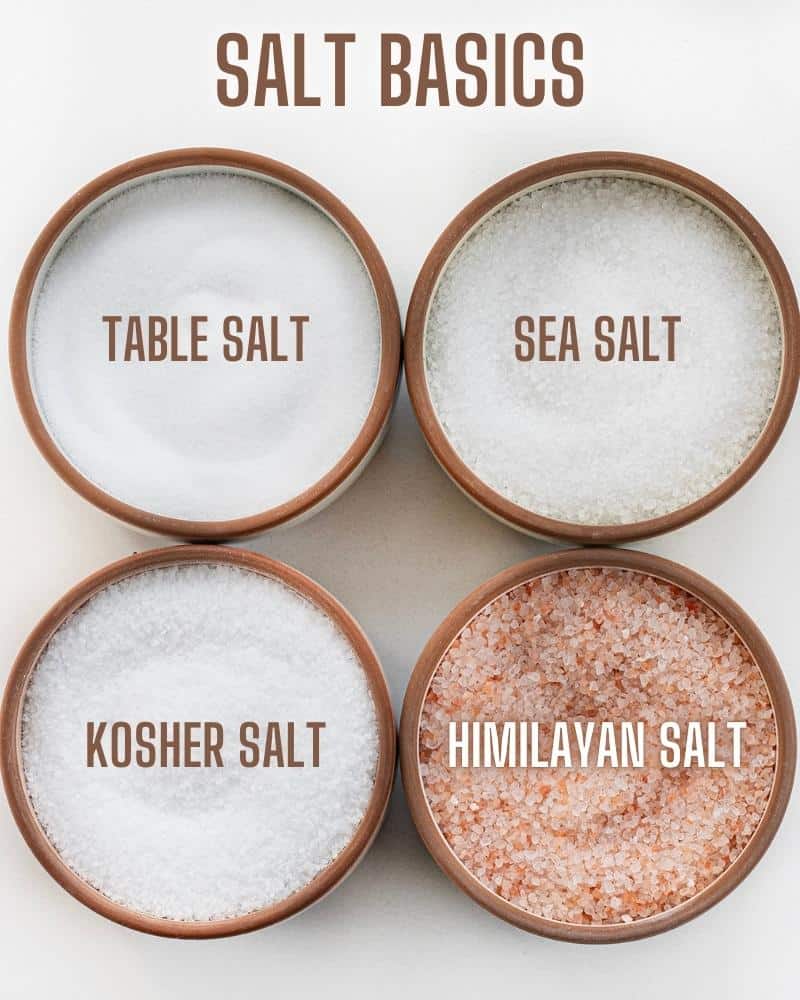 Showing Four Different Salts, Table Salt, Sea Salt, Kosher Salt, and Himalayan Salt.