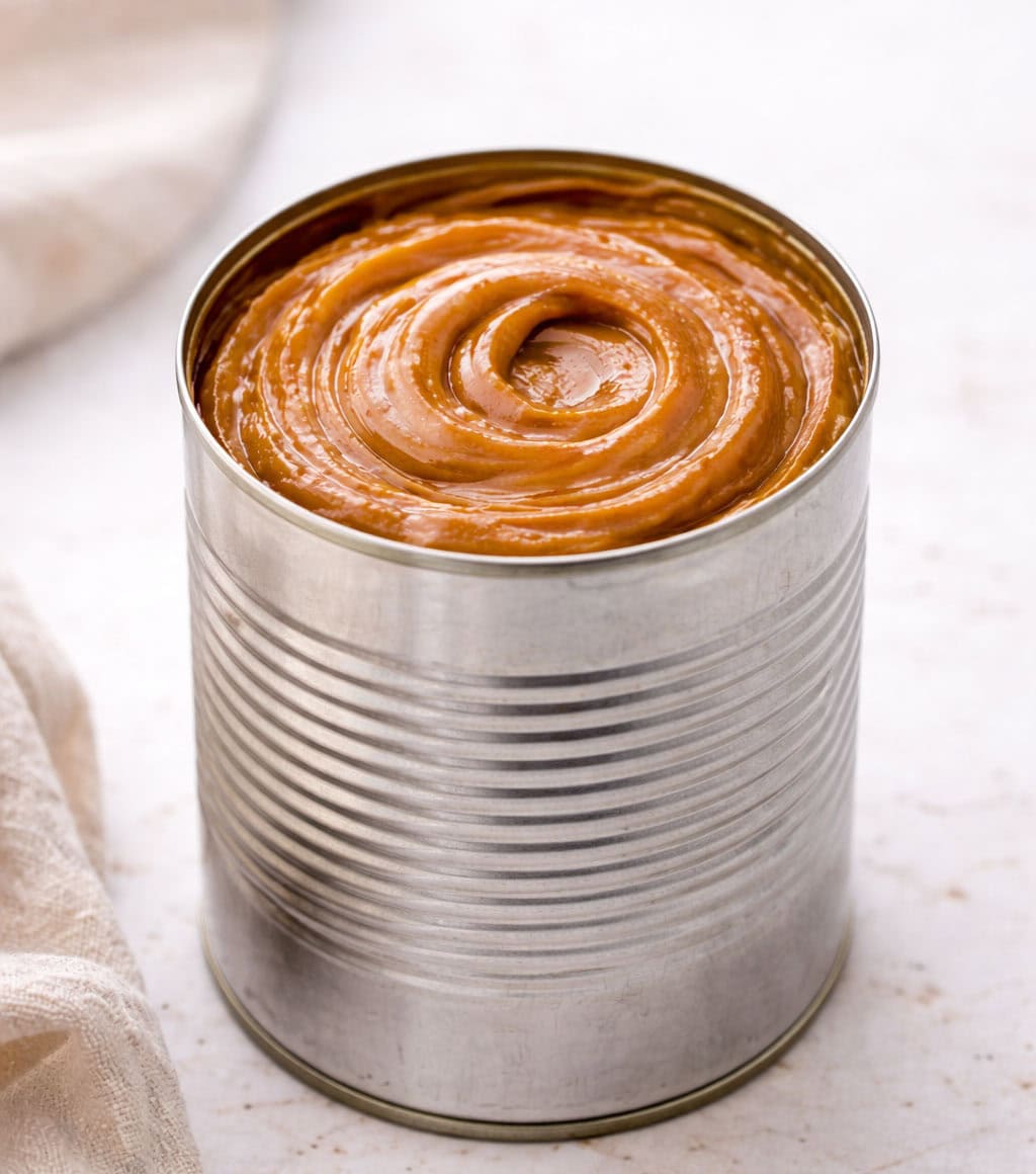 Can of Dulce de Leche on a white table.