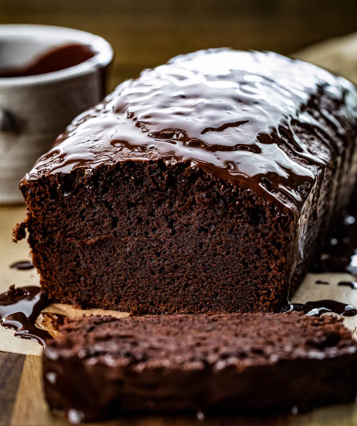 Close up of the inside of Brownie Bread Sitting on a Cutting Board.