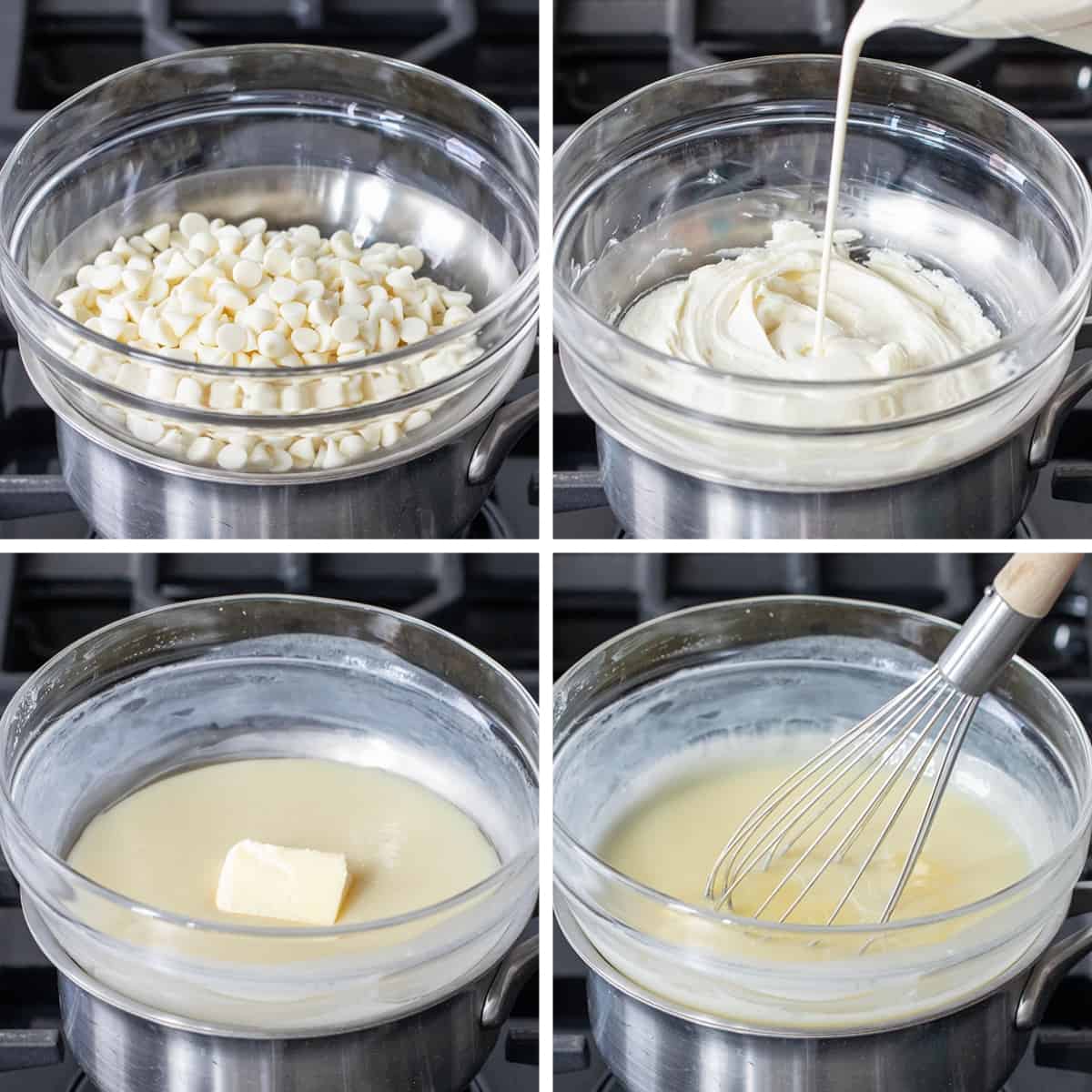 Steps for adding white chocolate chips, cream, butter, and whisking over heat to make White Chocolate Ganache.