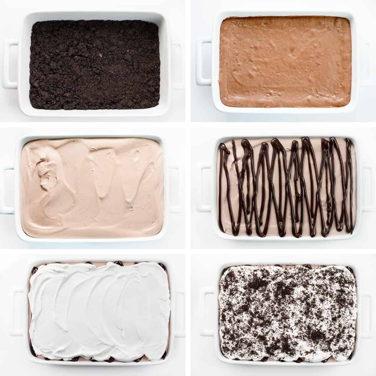 Steps for Adding Oreo, Chocolate Pudding, Brownie, Hot Fudge, Whipped Cream, and Oreo Crumbs to a Pan to Make Chocolate Mud Bars.