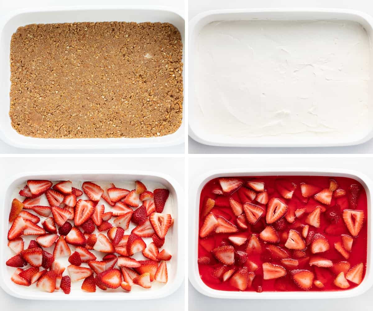 Steps for Pretzel Crust, Whipped Topping, Strawberries, and Jello to Make Strawberry Pretzel Salad.