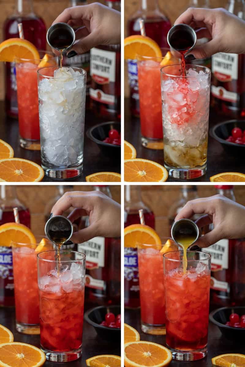 Steps for Making an Alabama Slammer with Adding Different Liquors to Glass Filled with Ice.
