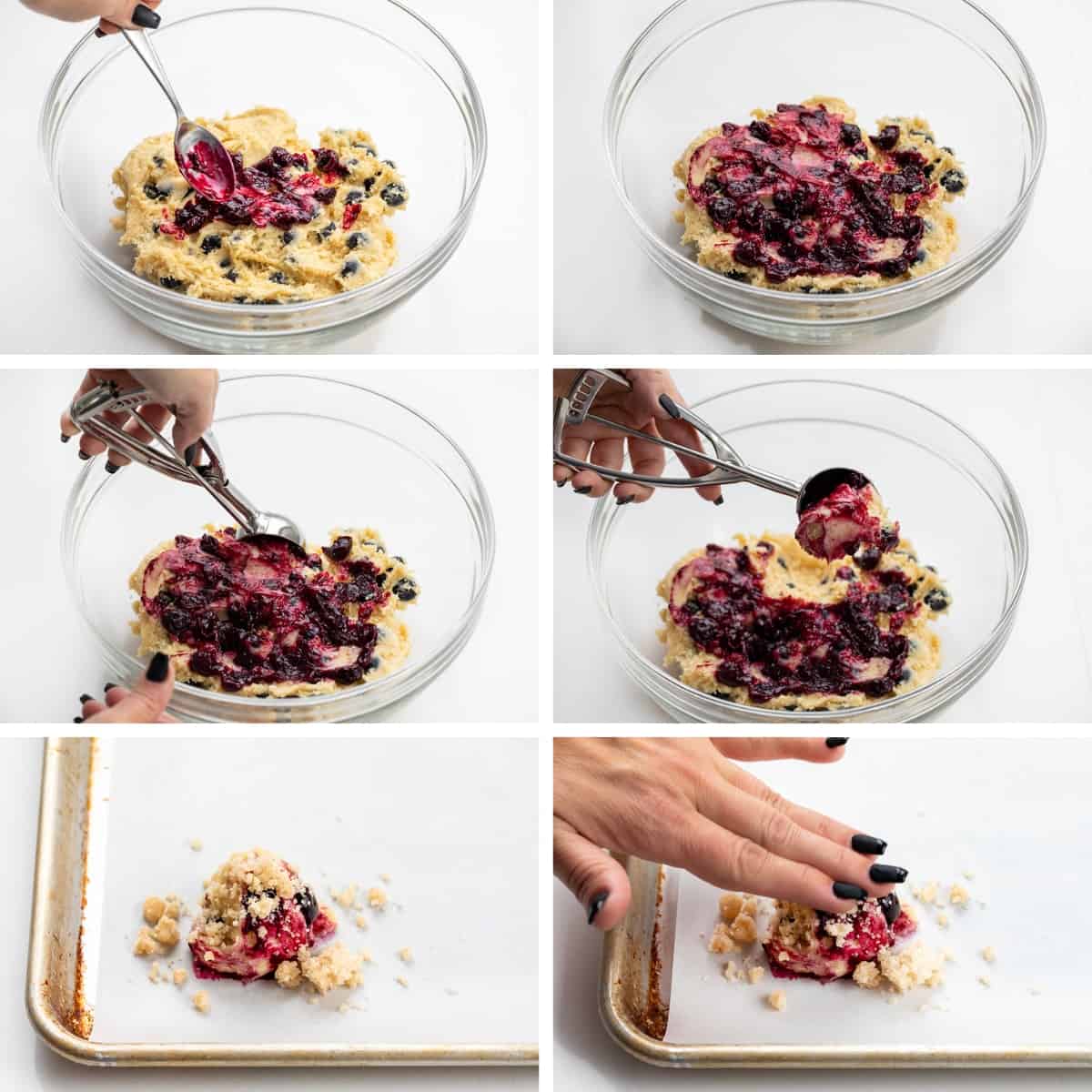 Steps for Making Blueberry Crumble Cake Cookies with Dough and Blueberry Sauce.