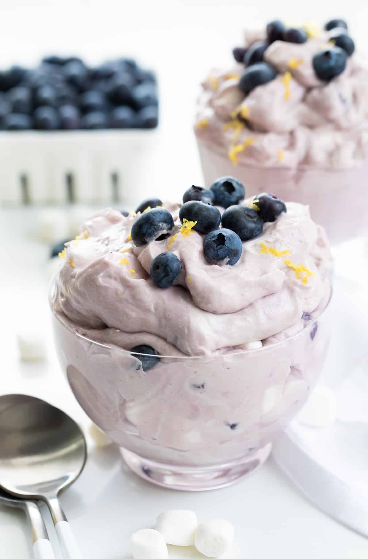 Parfait of Blueberry Lemon Fluff with White Spoon.