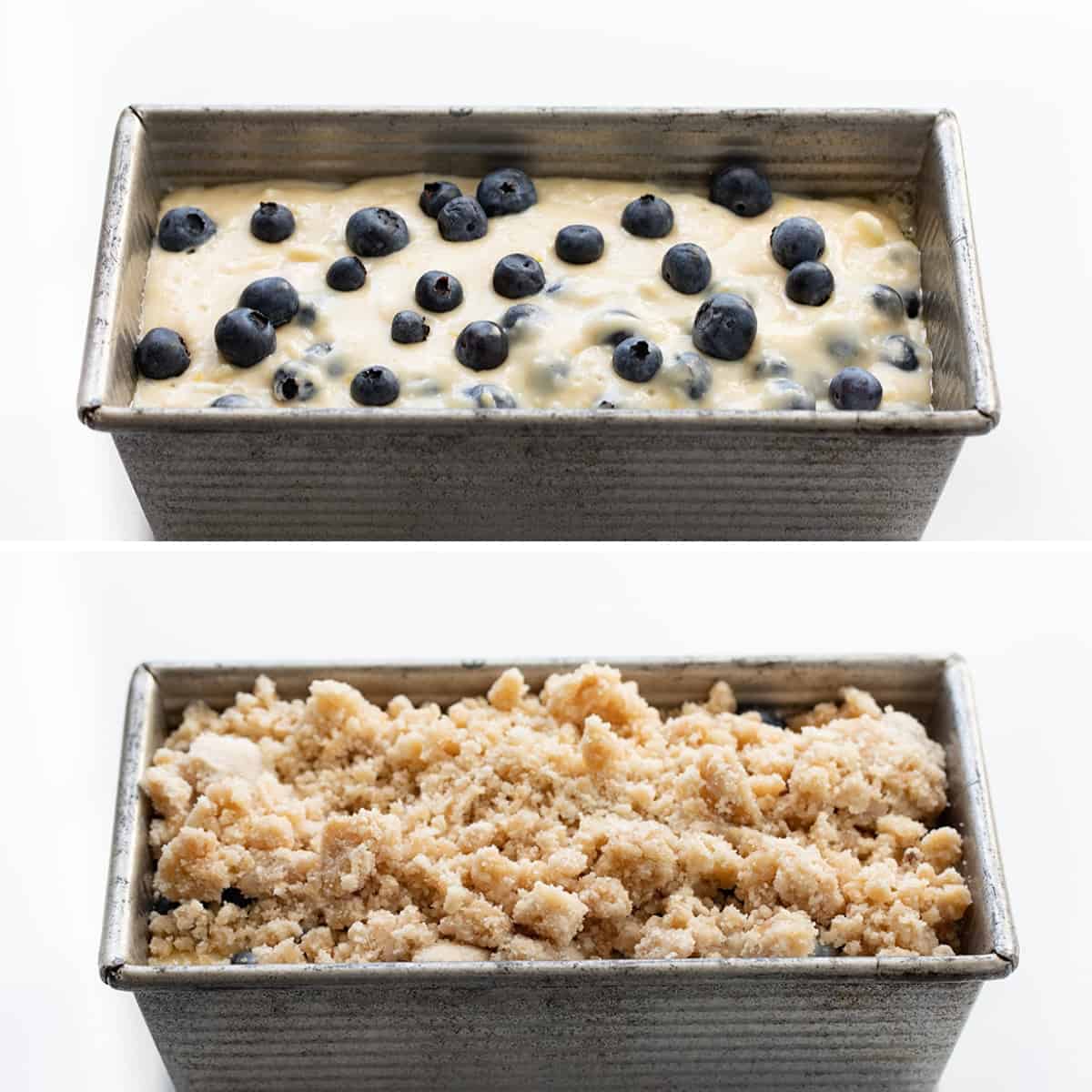 Loaves of Blueberry Lemon Bread Before Baking with Blueberries on Top and Then Crumble. 