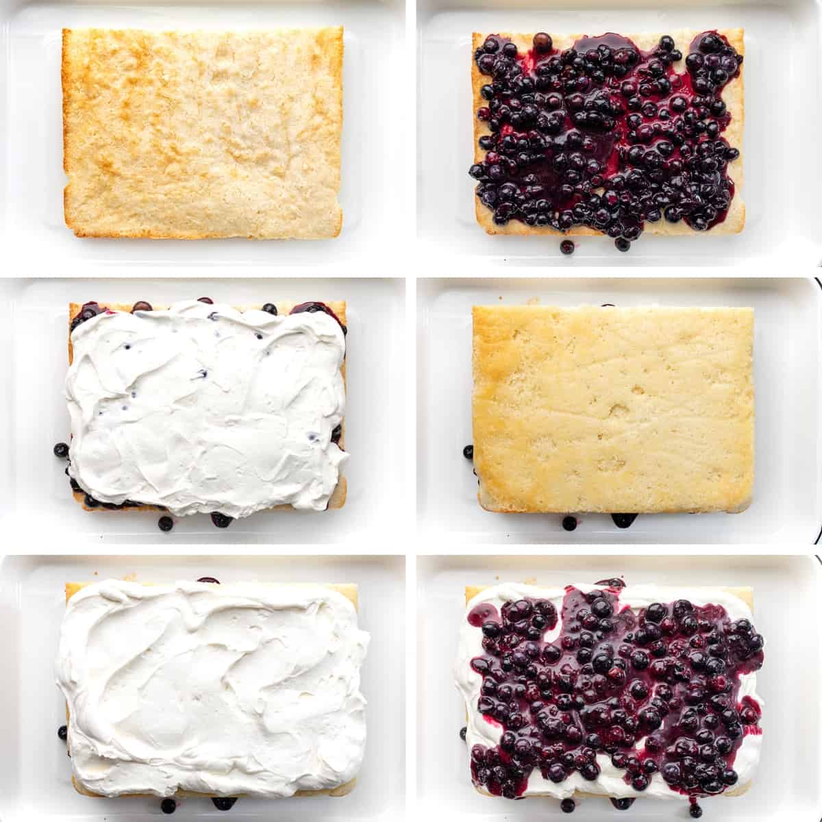 Steps for Making Sheet Pan Blueberry Shortcake Cake by Building Layers with White Cake, Whipped Cream, and Blueberry Filling.