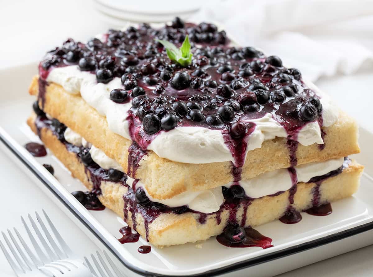 Whole Sheet Pan Blueberry Shortcake Cake on a White Counter. 
