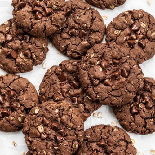 Overhead of Chocolate Oatmeal Cookies on a White Counter.