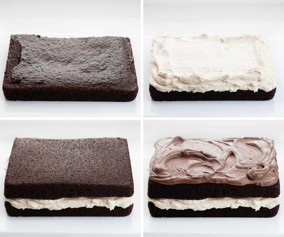 Steps for Assembling a Ding Dong Sheet Cake with Chocolate Cake, Classic ERmine Frosting, and Chocolate Ermine Frosting.