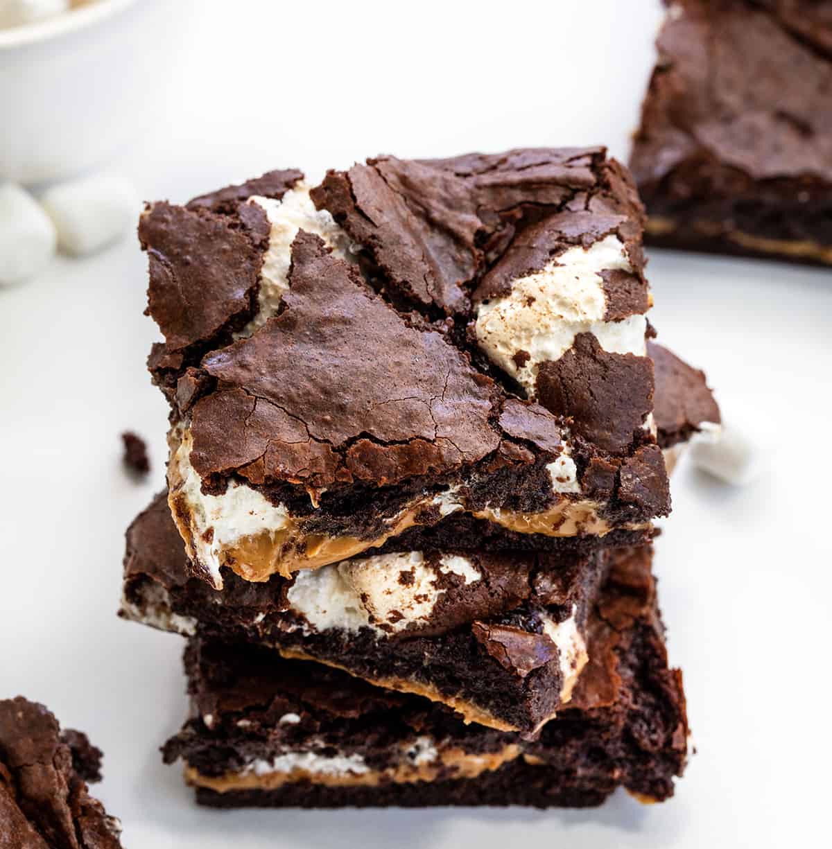 Stack of Fluffernutter Brownies on a White Counter.