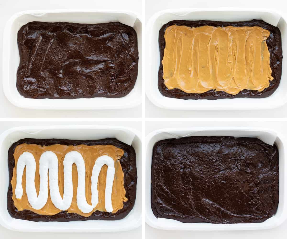 Steps for Making Fluffernutter Brownies With Brownie Batter, Peanut Butter, Fluff, and More Brownie Batter.