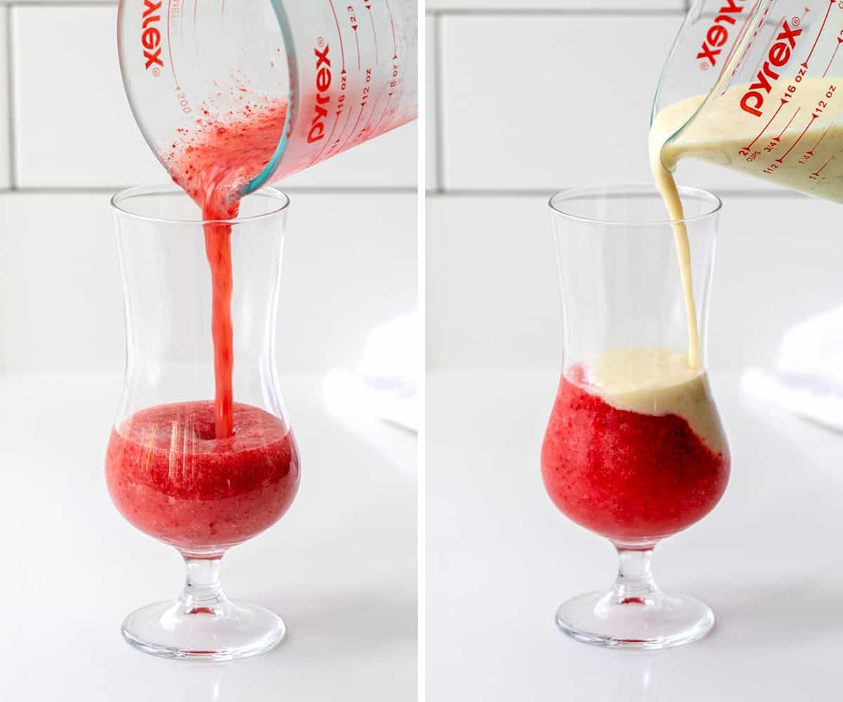 Adding Liquids to Cocktail Glass to Make Lava Flow Drink.