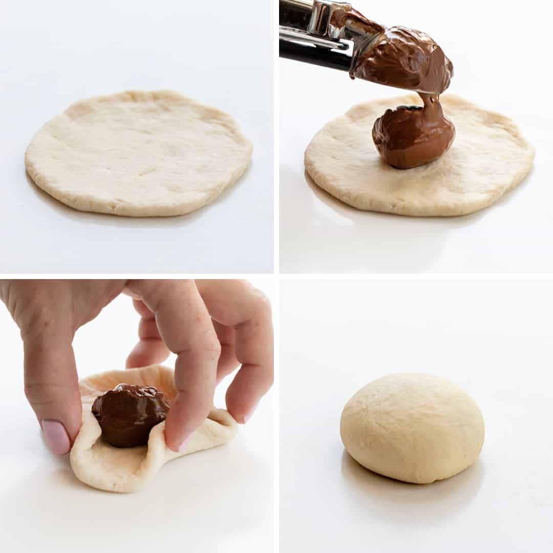 Steps for Using Dough, Nutella, Folding Dough, and Rolling into a Ball to Make Nutella Bombs.