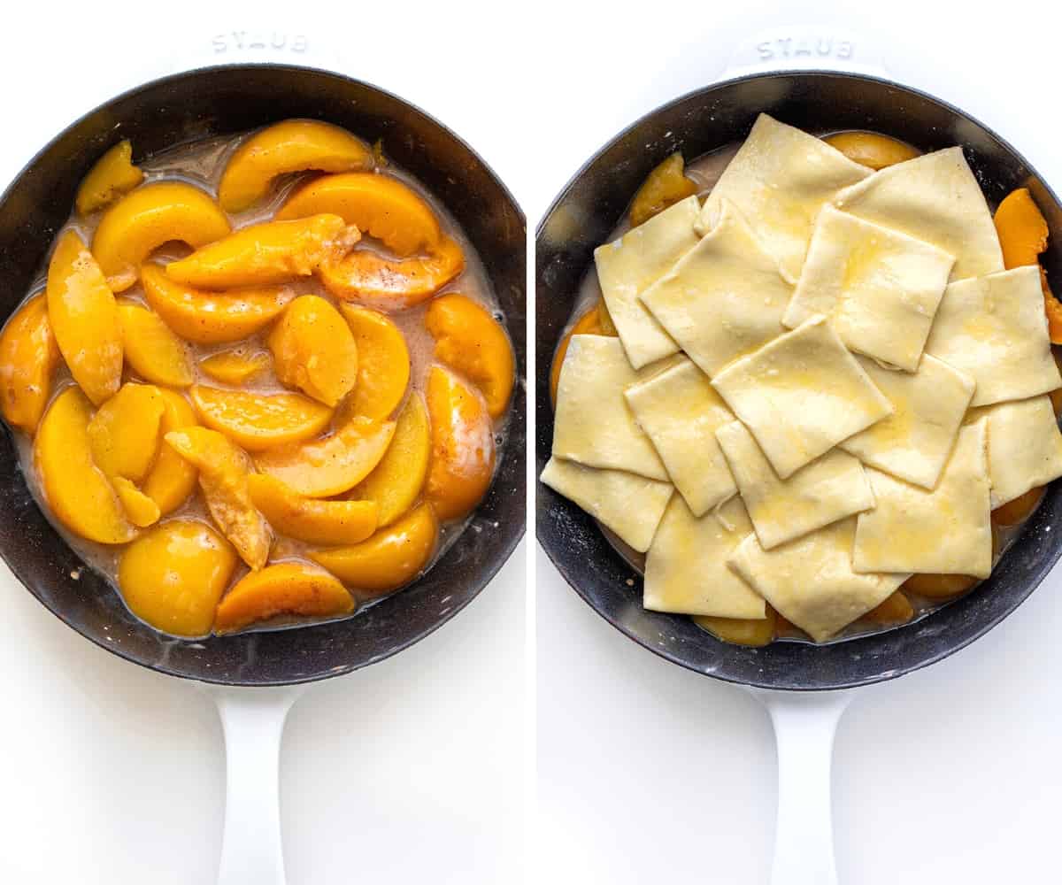 Steps for Making a Peach Puff Pastry Bake in a Skillet with Peaches and Layered Squares of Puff Pastry Brushed with Egg Wash.