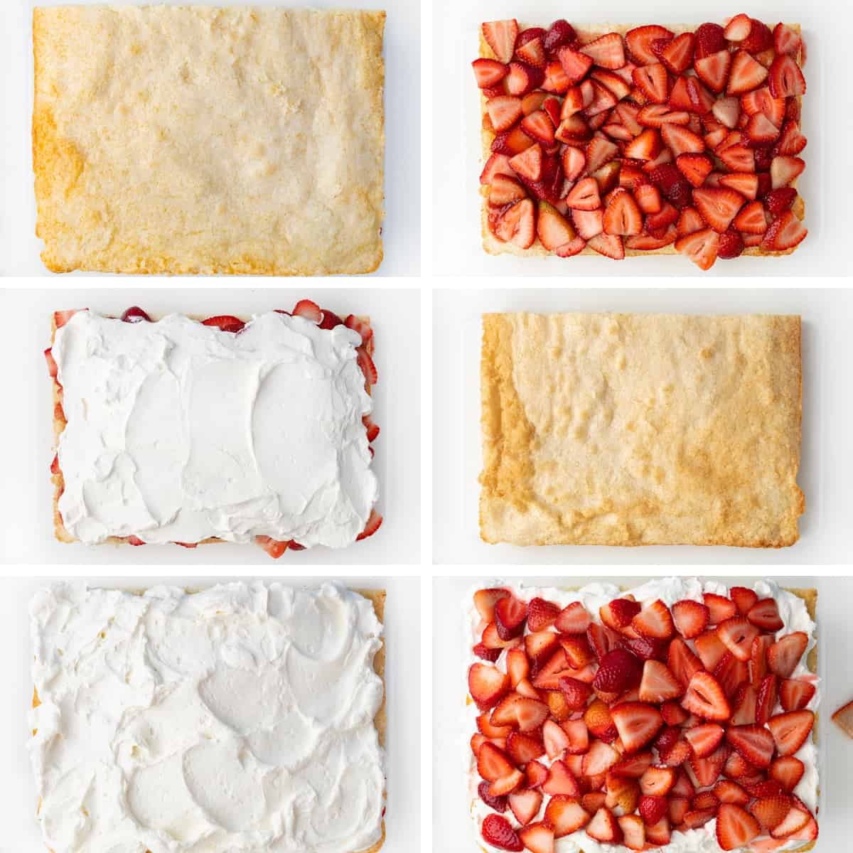 Steps for Adding Layers to Make a Sheet Pan Strawberry Shortcake with Strawberries and Whipped Topping.