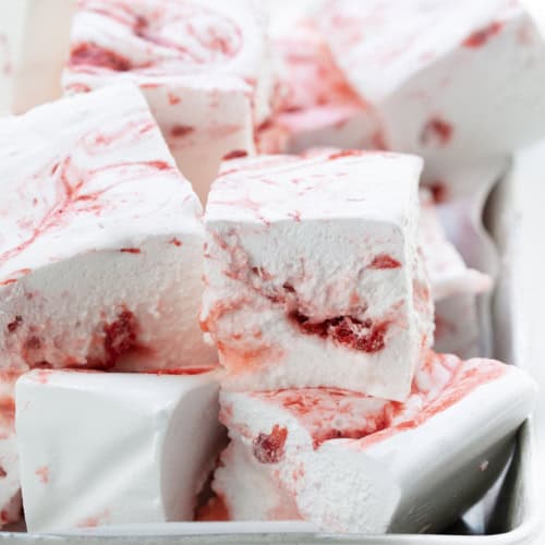 Cut up Strawberry Marshmallows in a Pan.