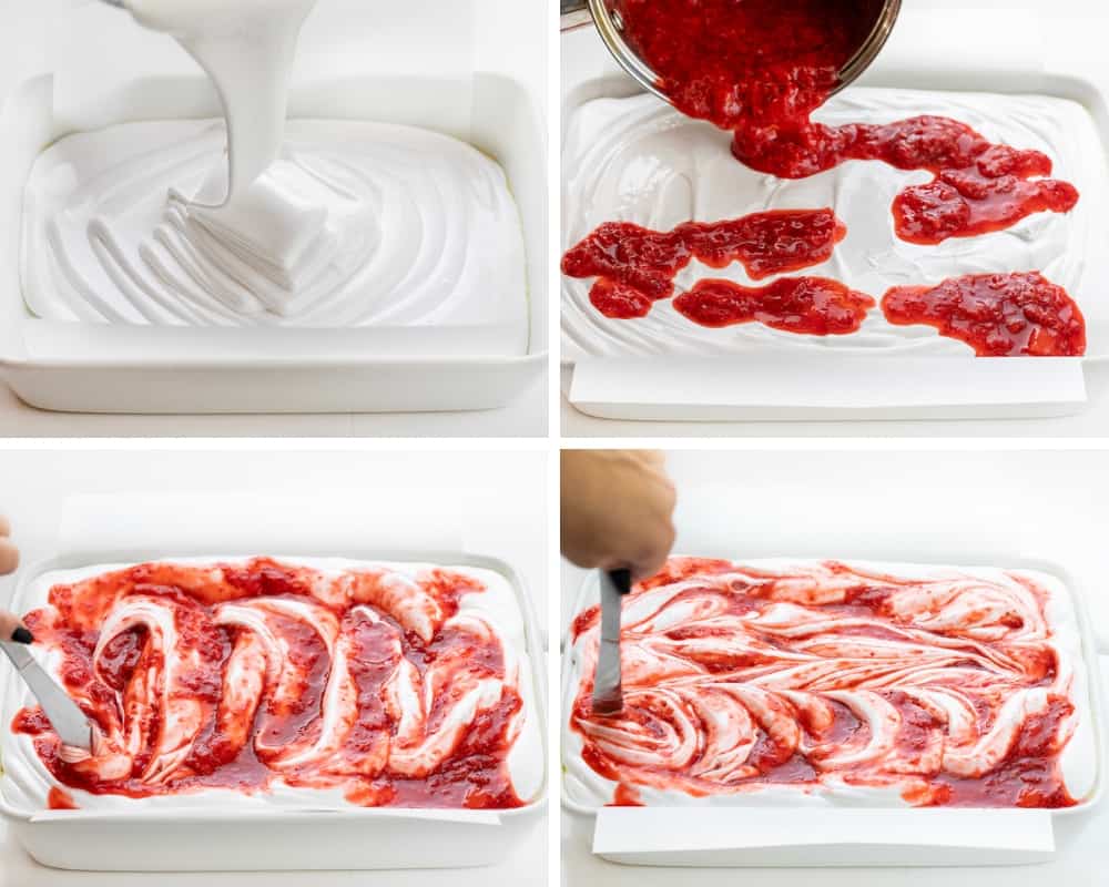 Steps for adding marshmallow and strawberry to a pan and then swirling the strawberry puree into the marshmallow.