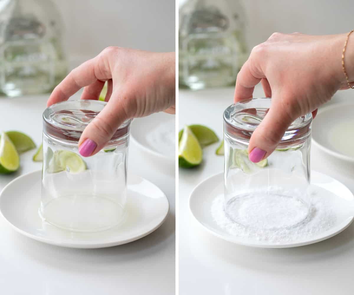 Dipping Glass into Lime Juice and Salt to Make a Watermelon Refresher Cocktail.